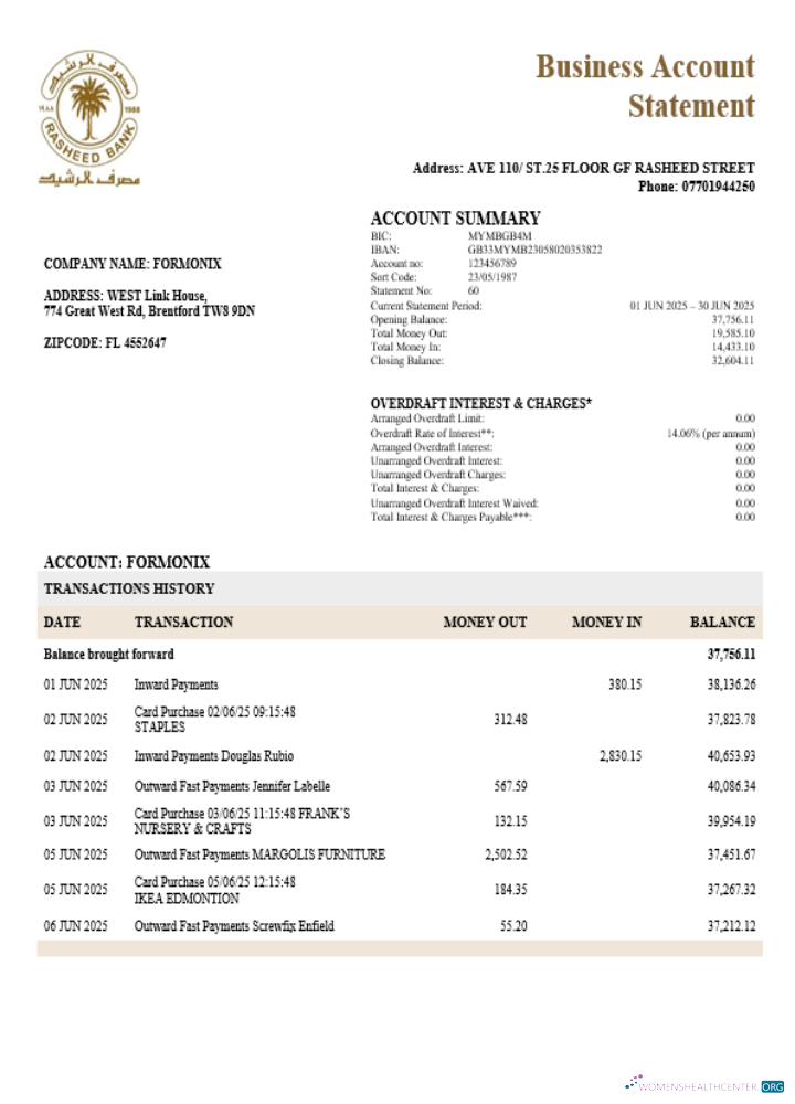 Download Rasheed company checking account statement Word and PDF template Photoshop template